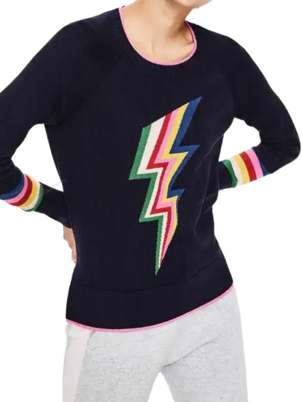 Boden Romy Rainbow Lightning Bolt Wool Blend Sweater Navy XS